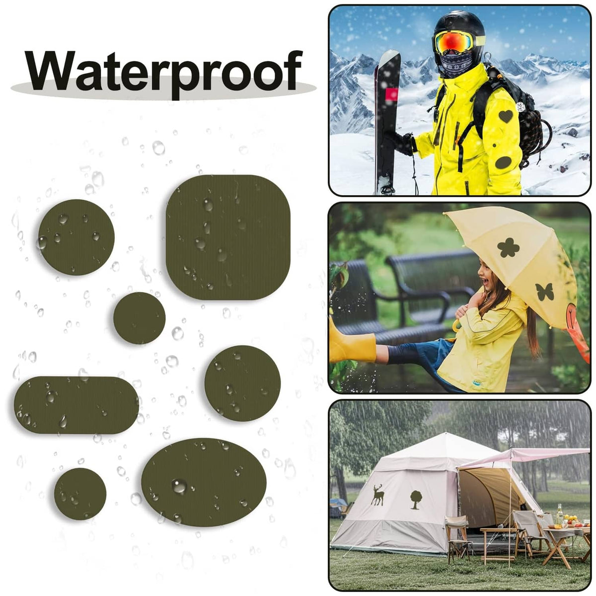 Army green down jacket repair patches with water-beading fabric droplets