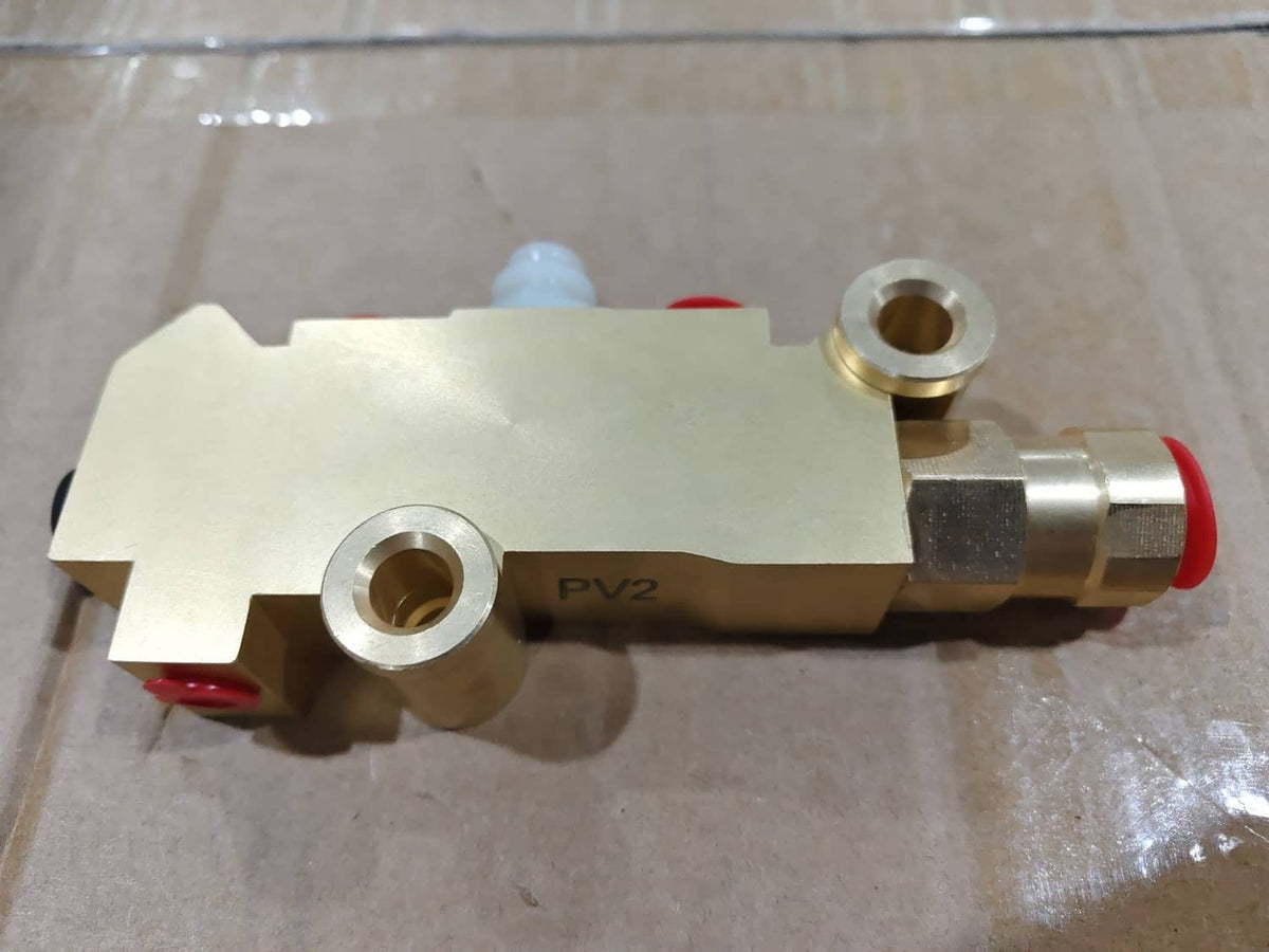 Brass proportioning valve with side hose fitting and stamped PV2 marking