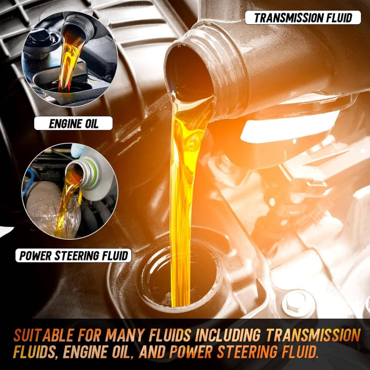 Engine bay fluid routing concept showing oil and transmission fluid pouring from hoses