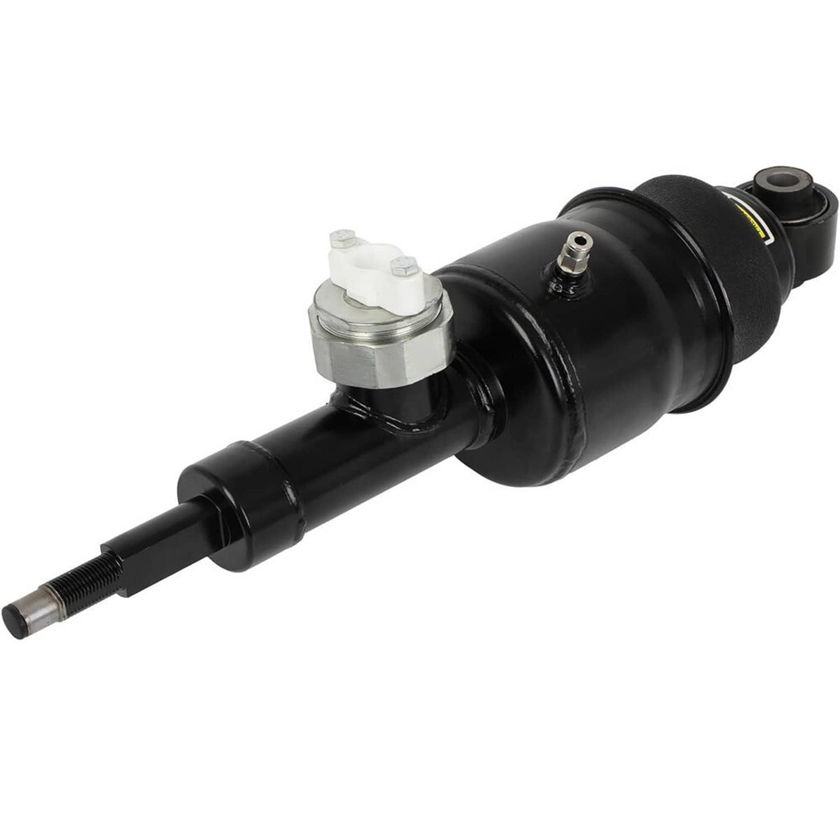 Black rear air suspension shock strut with silver top bracket and threaded rod end