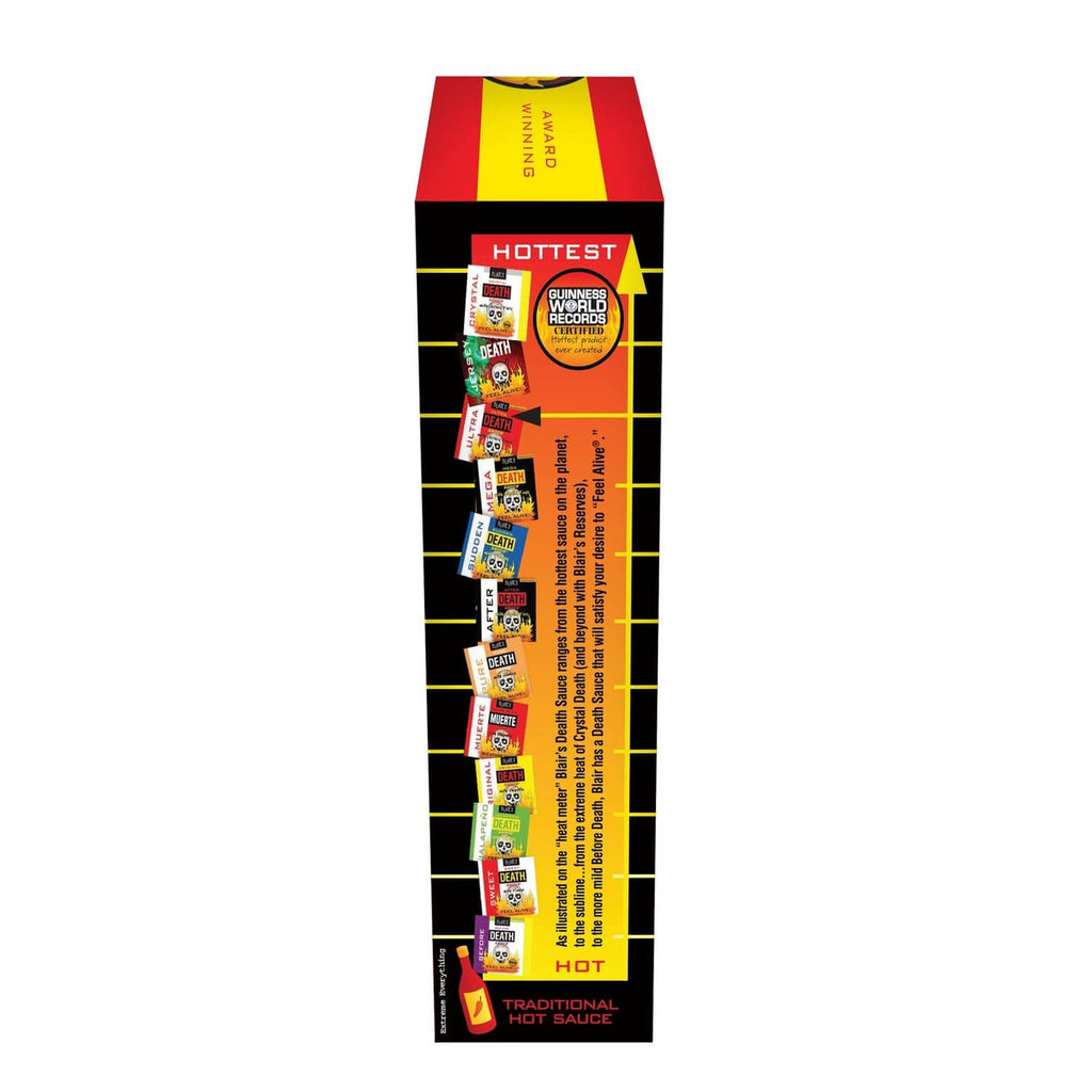 Hot sauce box side in black and yellow with 'hottest' badge and labels