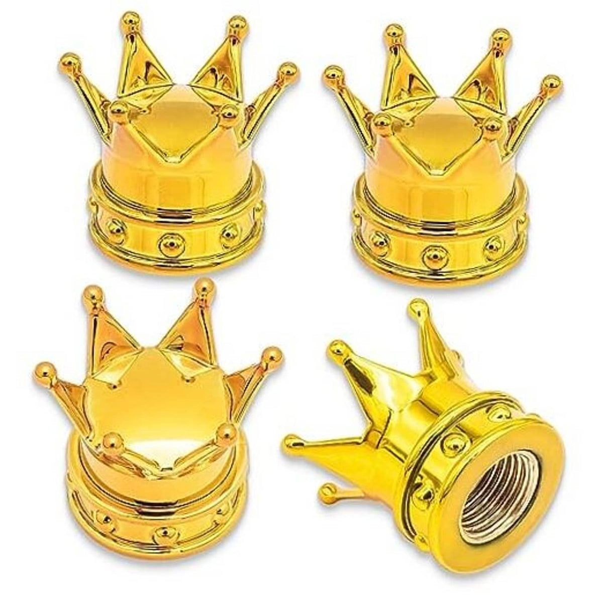 Four shiny gold crown tire valve stem caps with threaded metal openings and O-ring