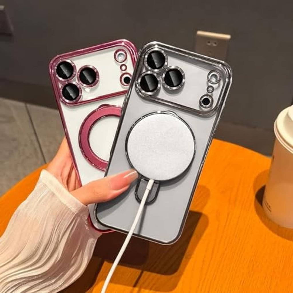 Two phone cases: silvery transparent with magnetic ring holder, plus magenta back case