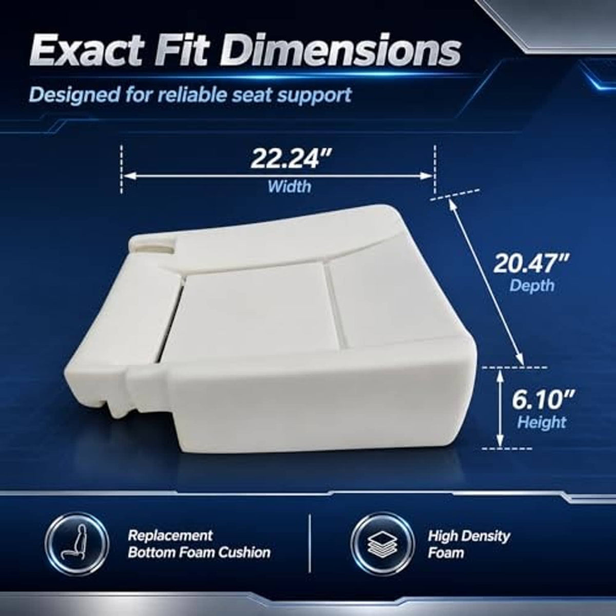 White front seat bottom foam cushion, rectangular shape with raised side edges