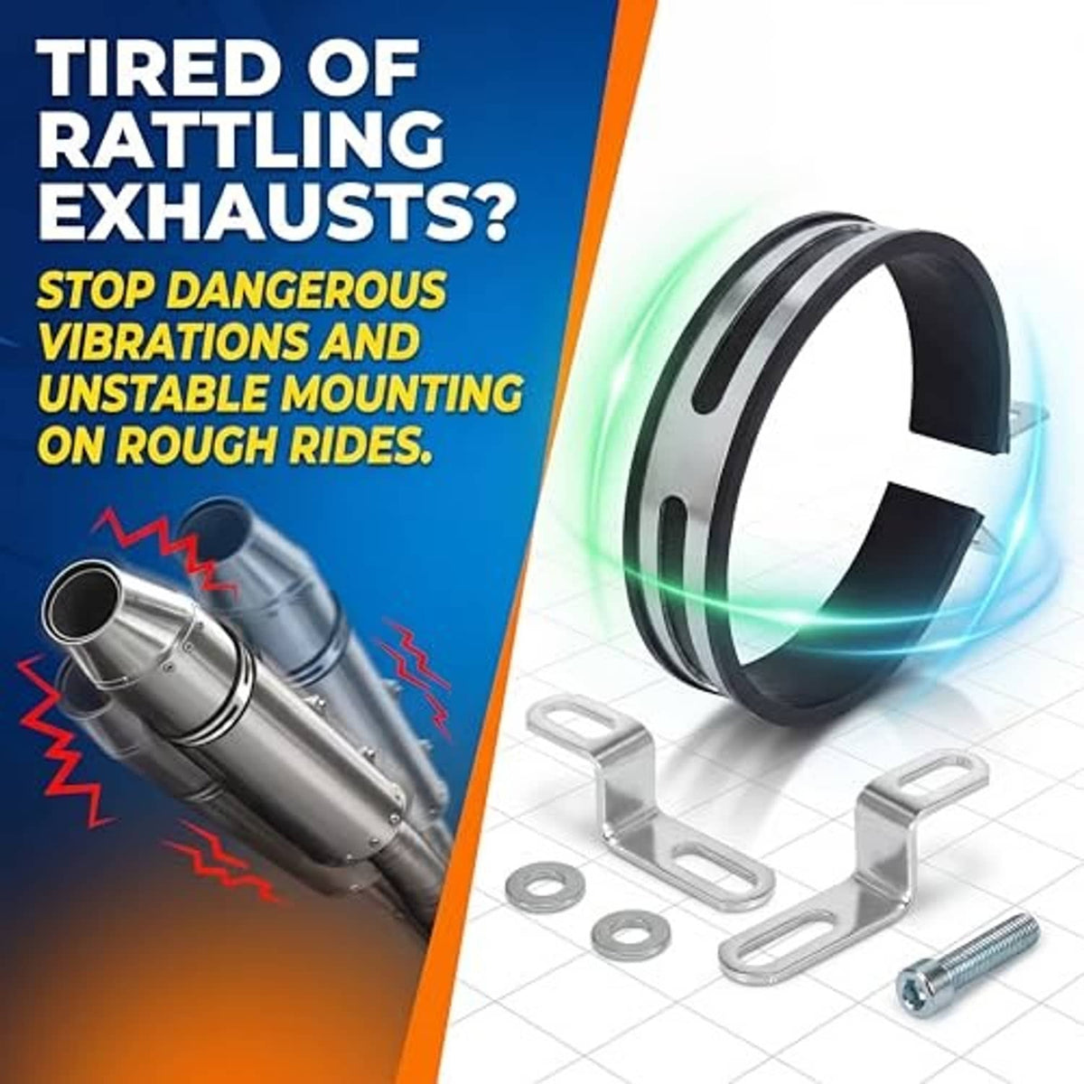 Rubber-lined exhaust clamp ring with two Z-shaped brackets and bolts, washers