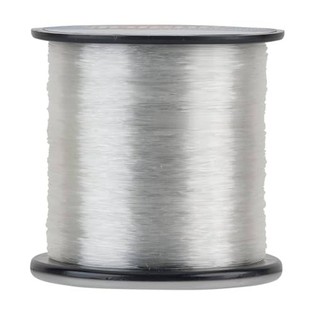 Fluorocarbon fishing line spool with white line wound; flat black top and bottom rims