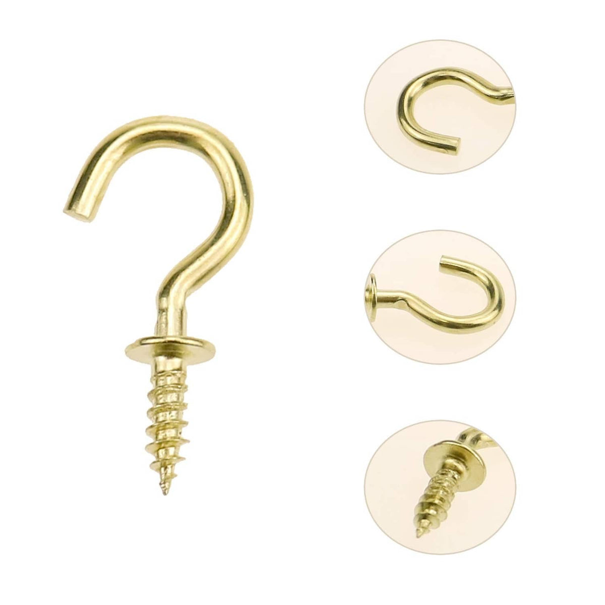 Gold cup hook screw with round base, shown with inset close-up angles