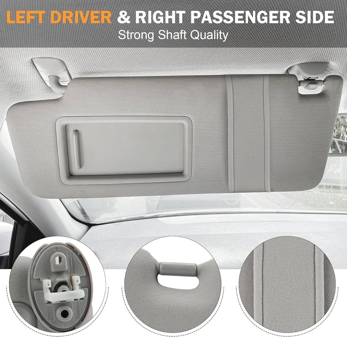 Gray driver and passenger sun visors with rectangular mirror panel and clips