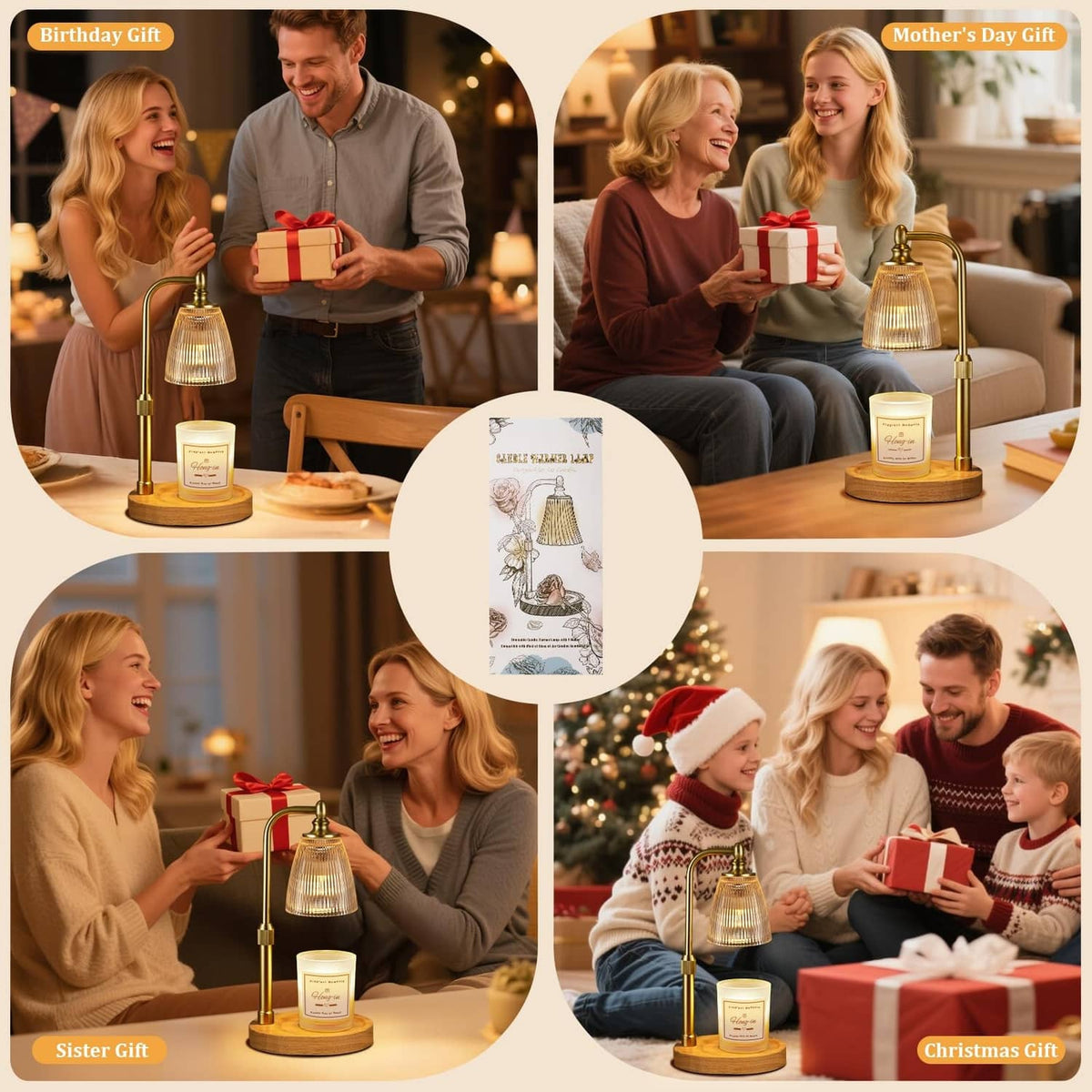 Clear bell candle warmer with brass stand and jar candle shown in gift occasions