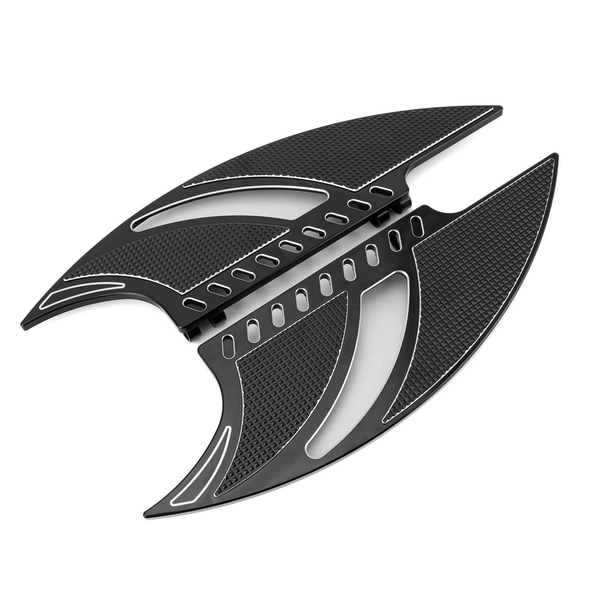 Motorcycle front floorboards, black textured footrest plates with silver insets and slot rows