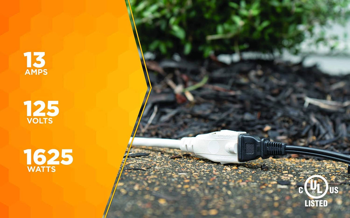 White extension cord with grounded 3-prong plug, UL listed