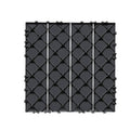 Dark grey plastic interlocking deck tile panel with diamond crosshatch texture