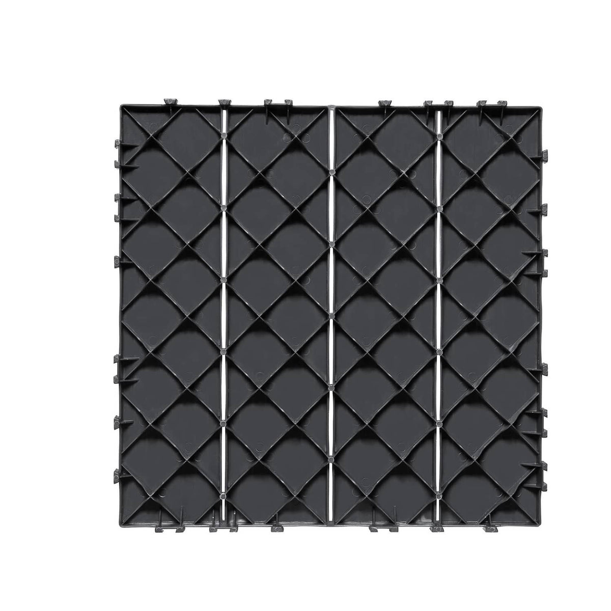 Dark grey plastic interlocking deck tile panel with diamond crosshatch texture