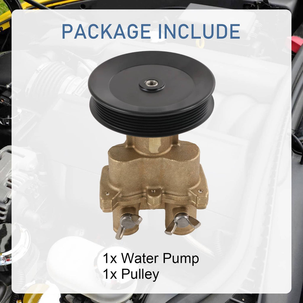 Raw water pump kit with black pulley and brass pump body, product packaging view