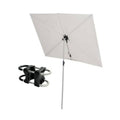Beige rectangular balcony umbrella with open canopy, center pole, and black mounting clamp