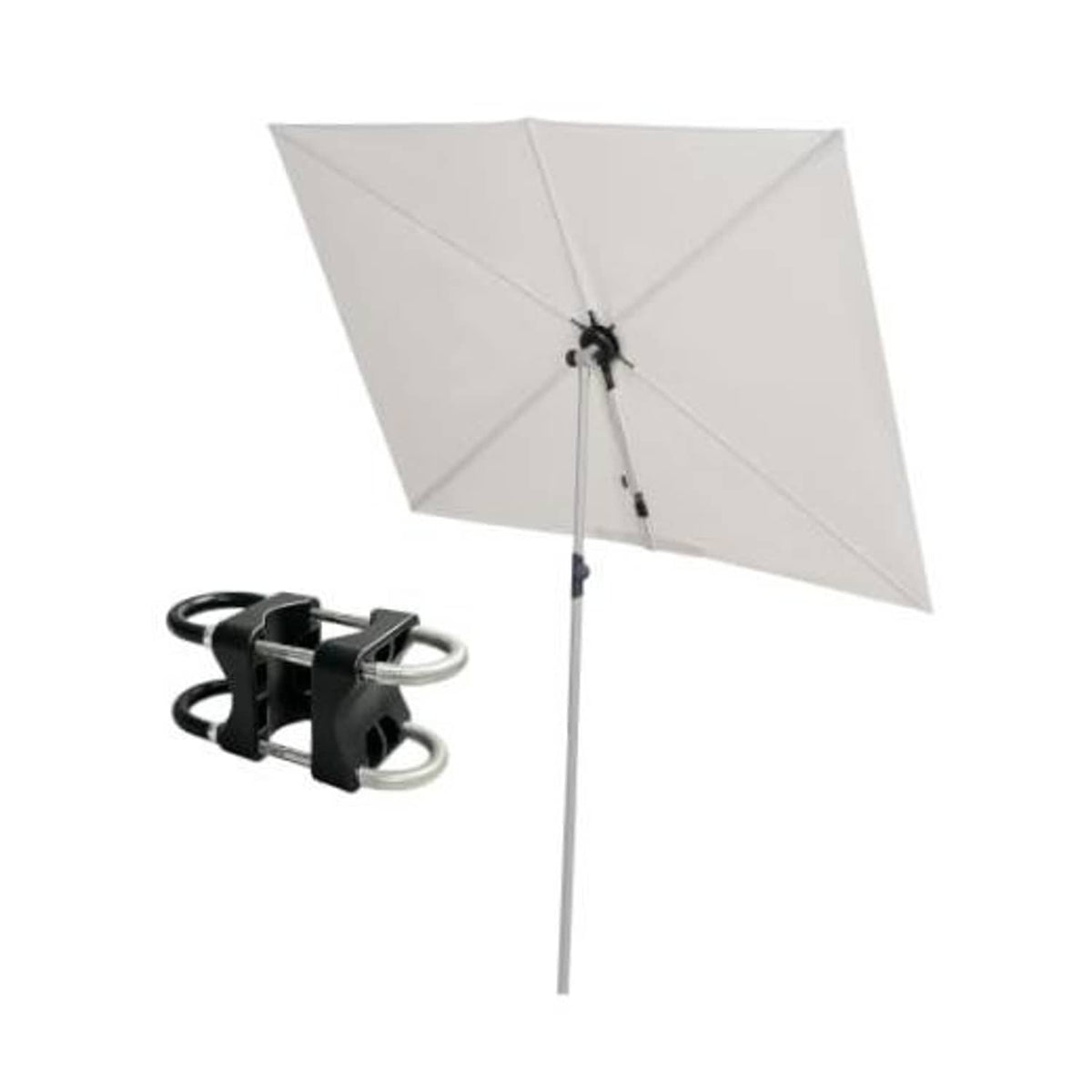 Beige rectangular balcony umbrella with open canopy, center pole, and black mounting clamp