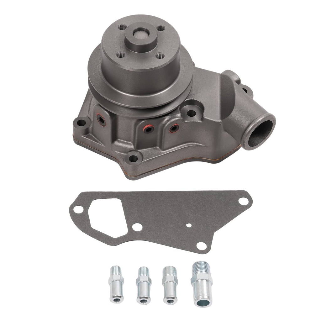 Water pump assembly with gray metal housing, pulley, and included gasket and fittings