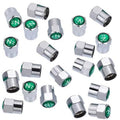 Silver metal tire valve stem caps with green N2 dustproof inserts, 20-pack set