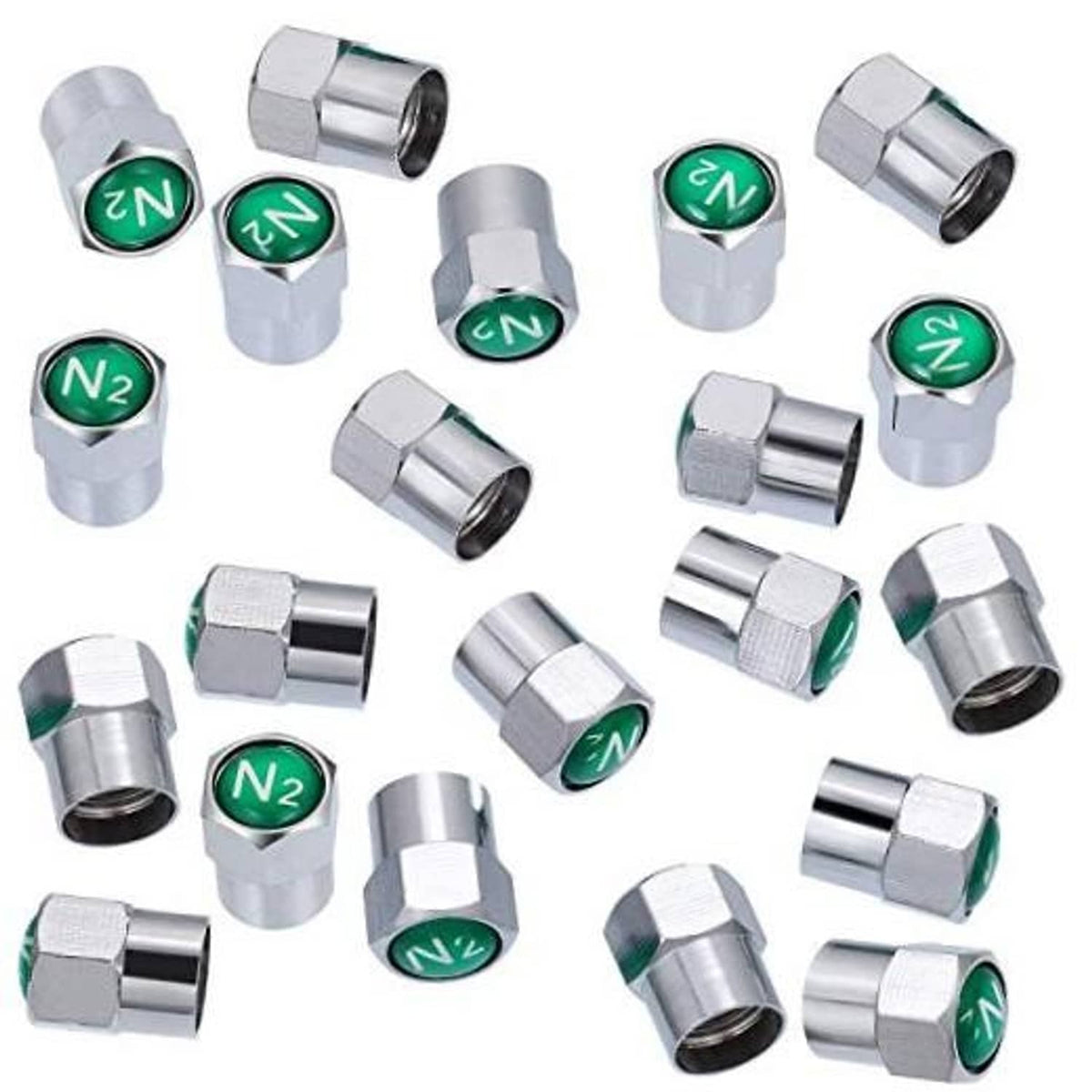 Silver metal tire valve stem caps with green N2 dustproof inserts, 20-pack set