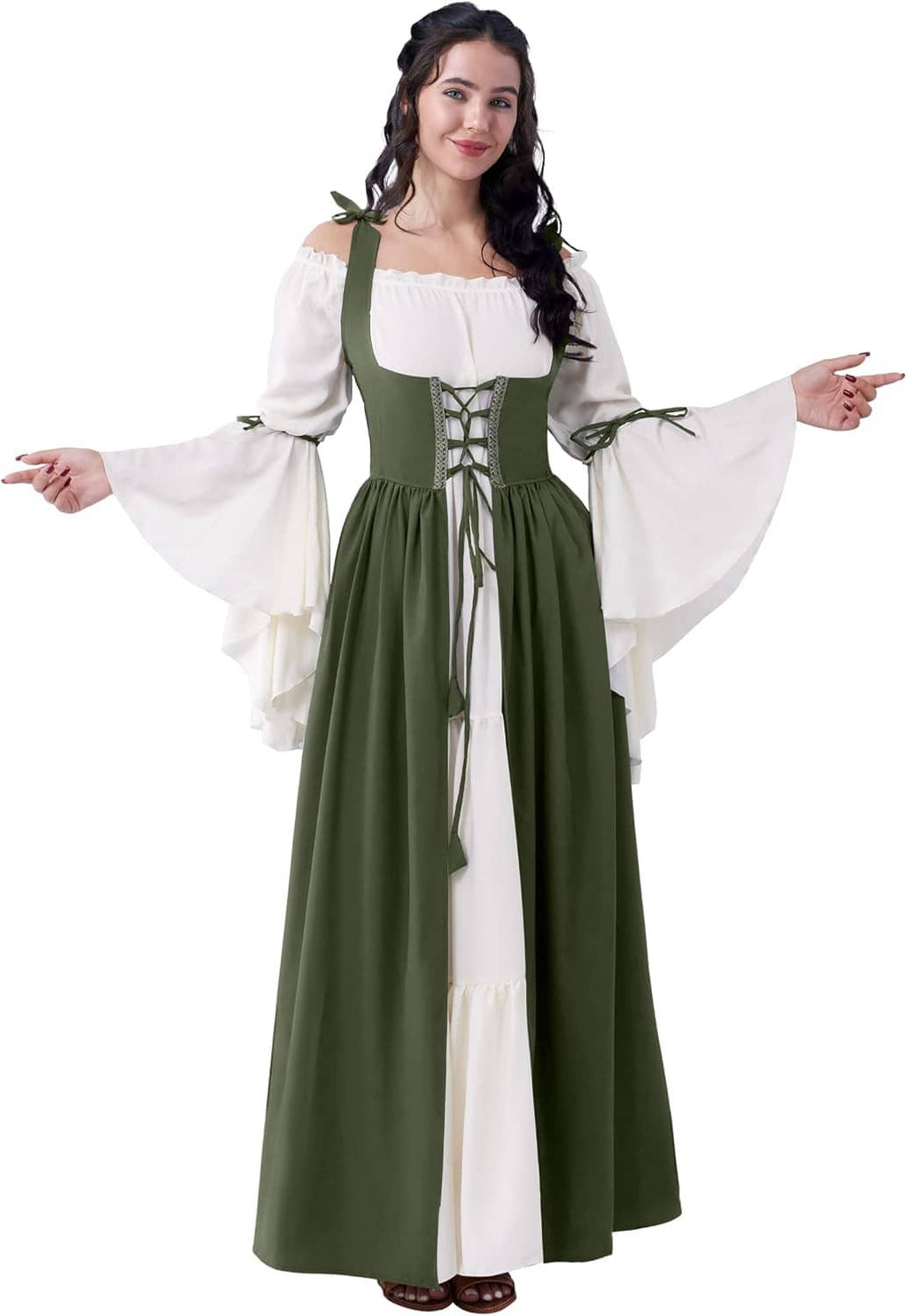 Women’s green renaissance corset dress with white puff sleeves, lace-up front, and layered skirt
