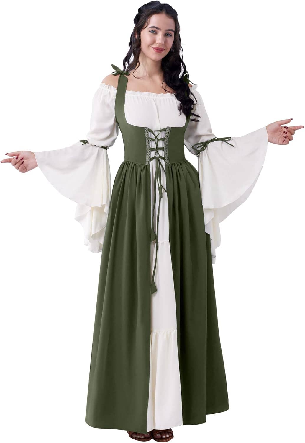Women’s green renaissance corset dress with white puff sleeves, lace-up front, and layered skirt
