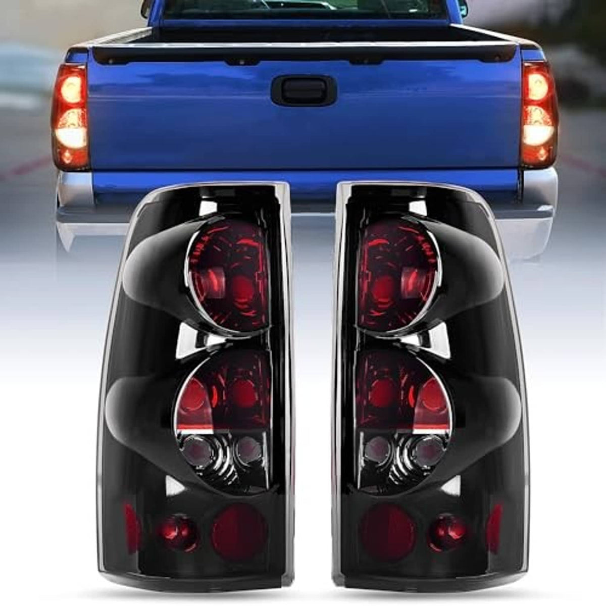 Smoked-lens taillight assembly, black housing with four red lamps, front view pair