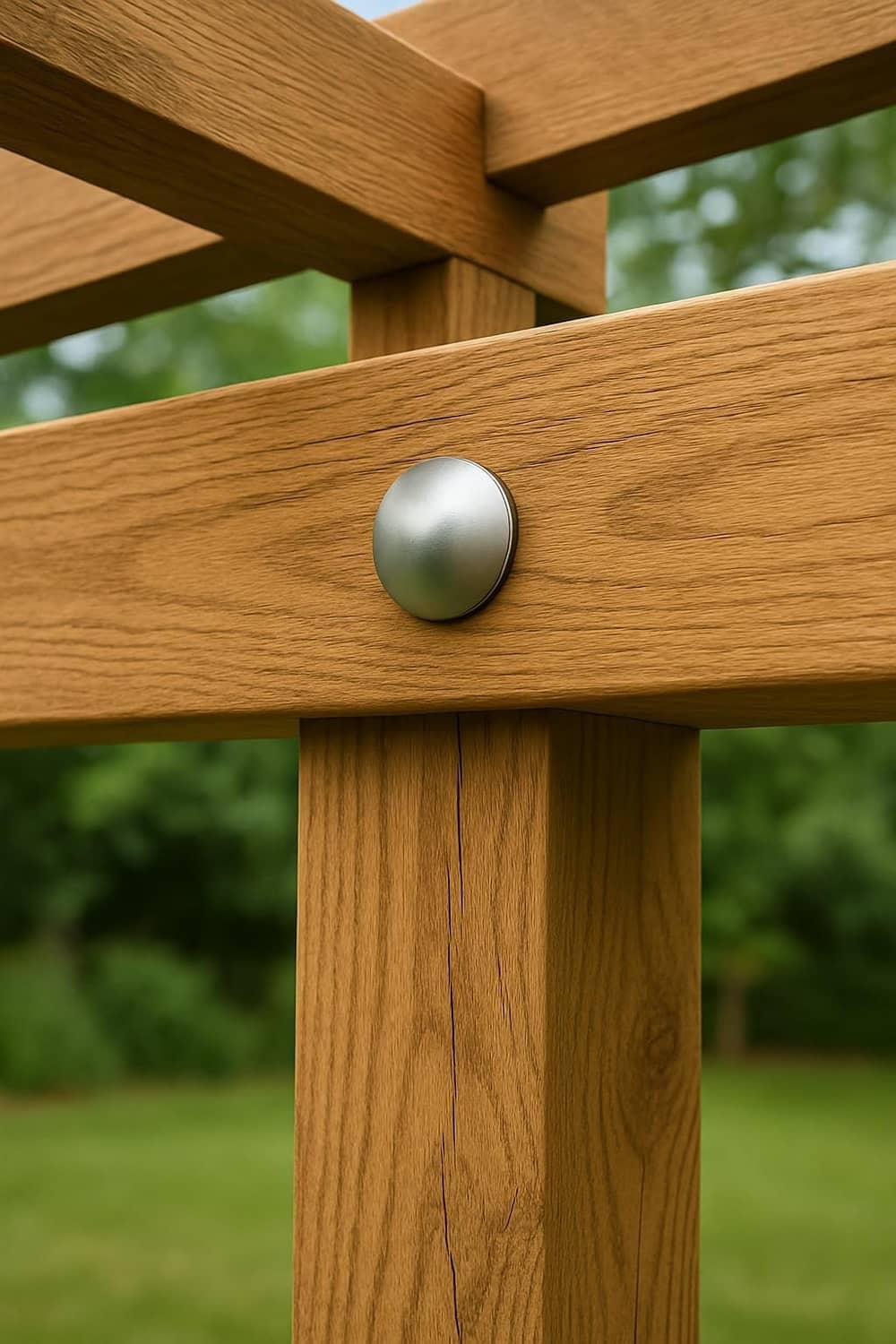 Silver carriage bolt with domed head fastened through wood beam