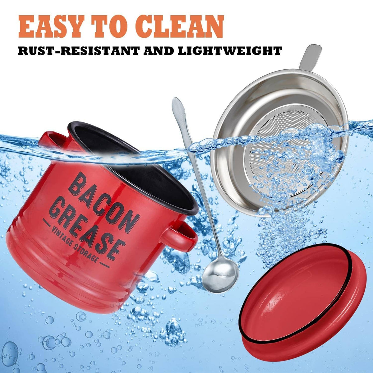 Red bacon grease container with lid, strainer, and spoon in water splash