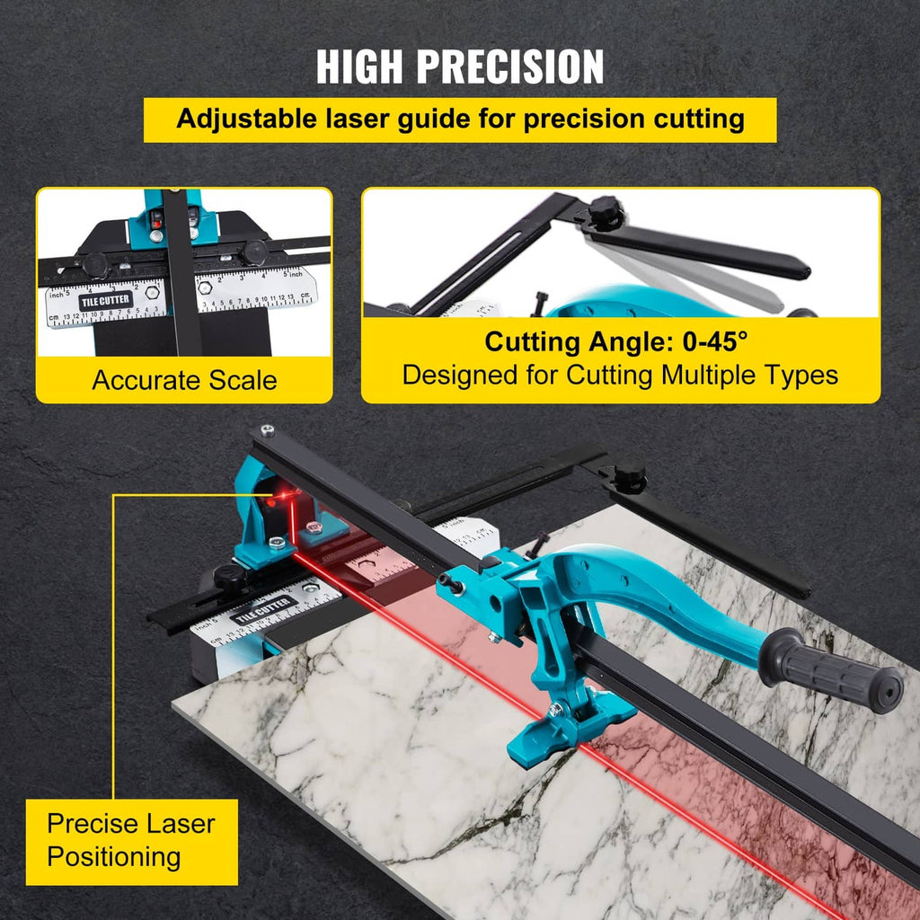 Manual tile cutter with adjustable laser guide and red alignment line over the tile bed