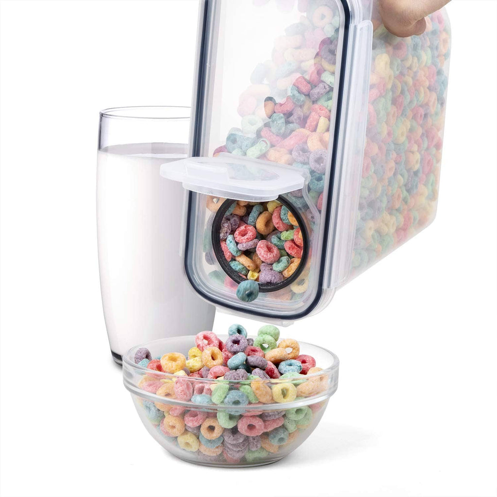 Airtight cereal container with side pouring opening and stacked clear refill bowl