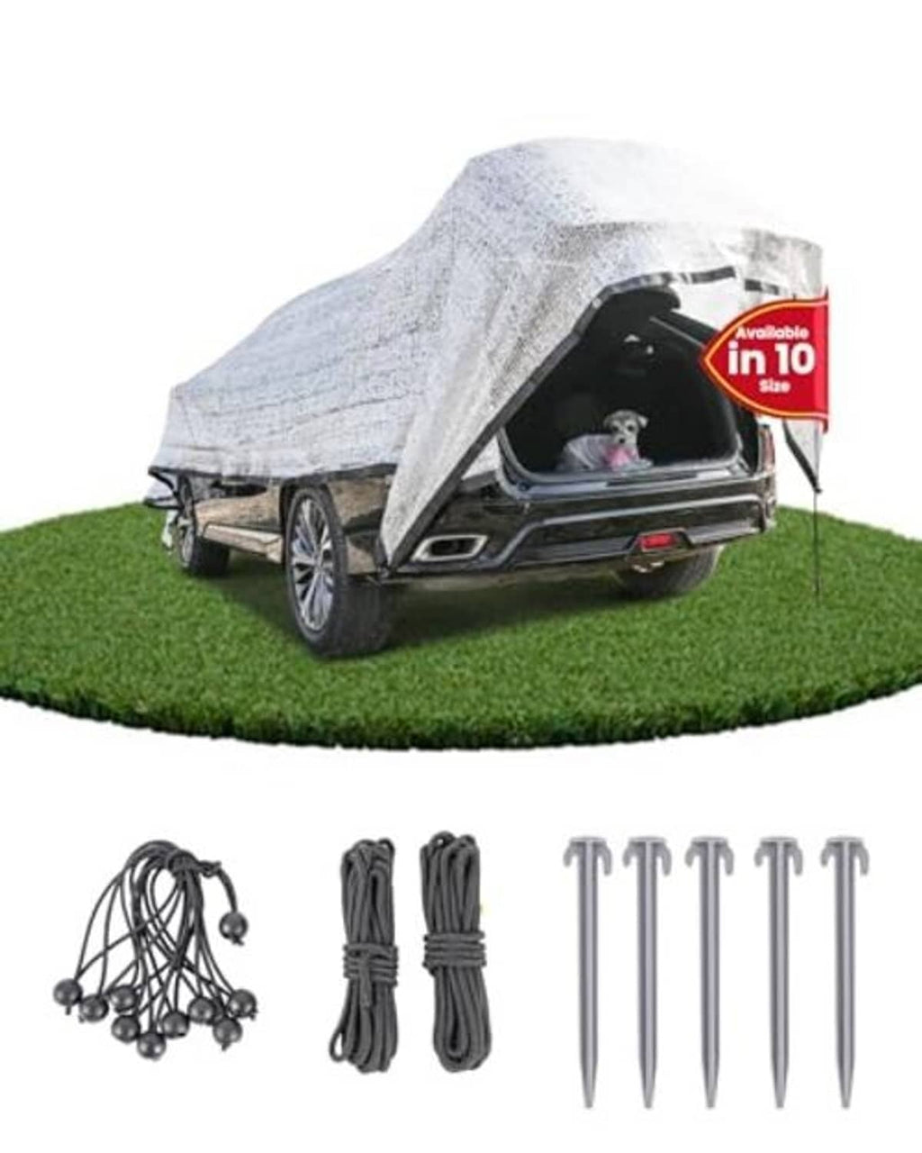 Reflective silver shade cloth cover with grommets plus ropes and ground stakes
