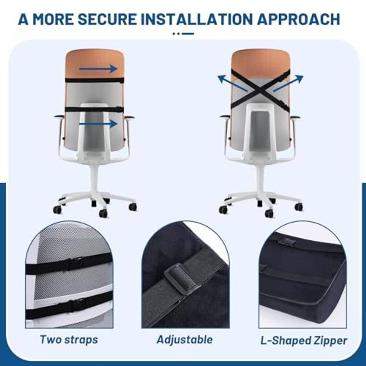 Black cushion cover with two adjustable straps and L-shaped zipper