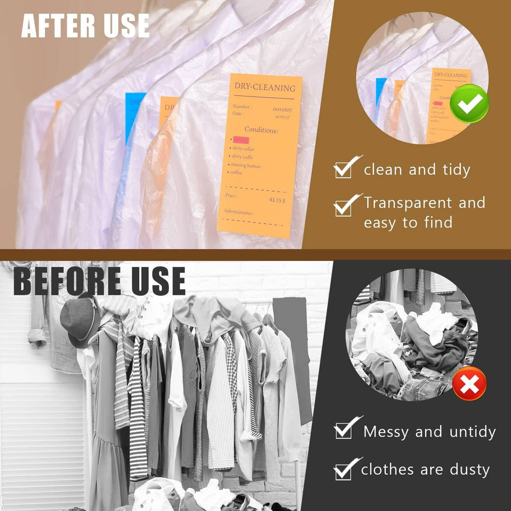 Clear plastic dry-cleaning garment bags in use for organizing hanging clothes