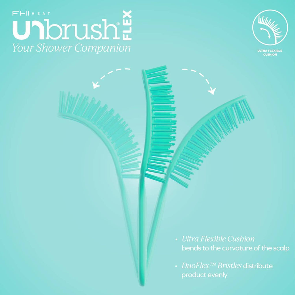Teal flexible detangling hairbrush showing curved bristle rows and cushioned head