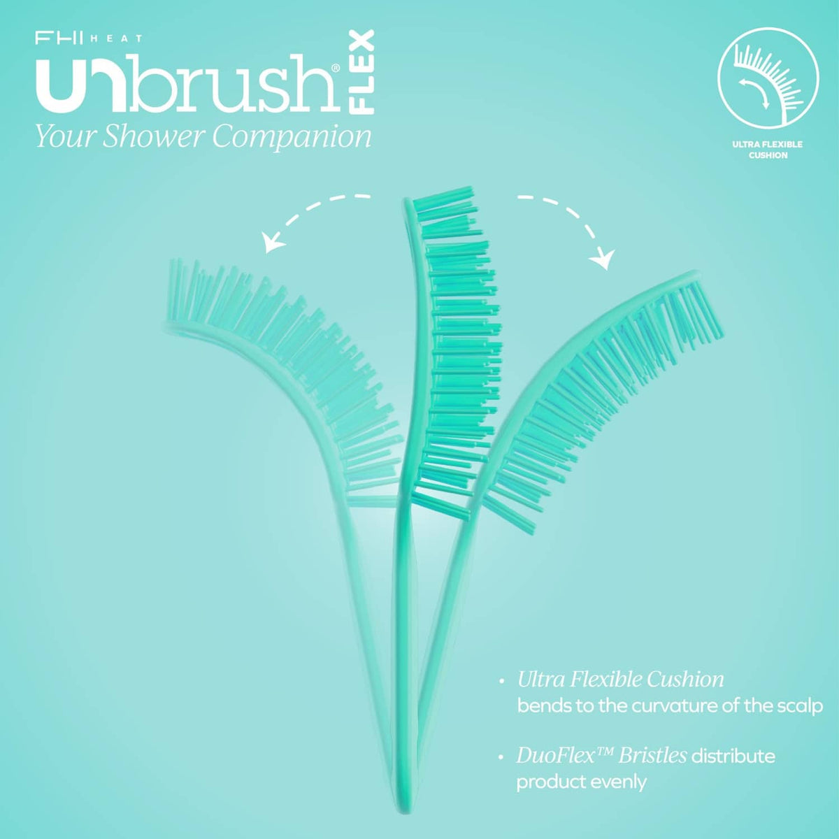 Teal flexible detangling hairbrush showing curved bristle rows and cushioned head