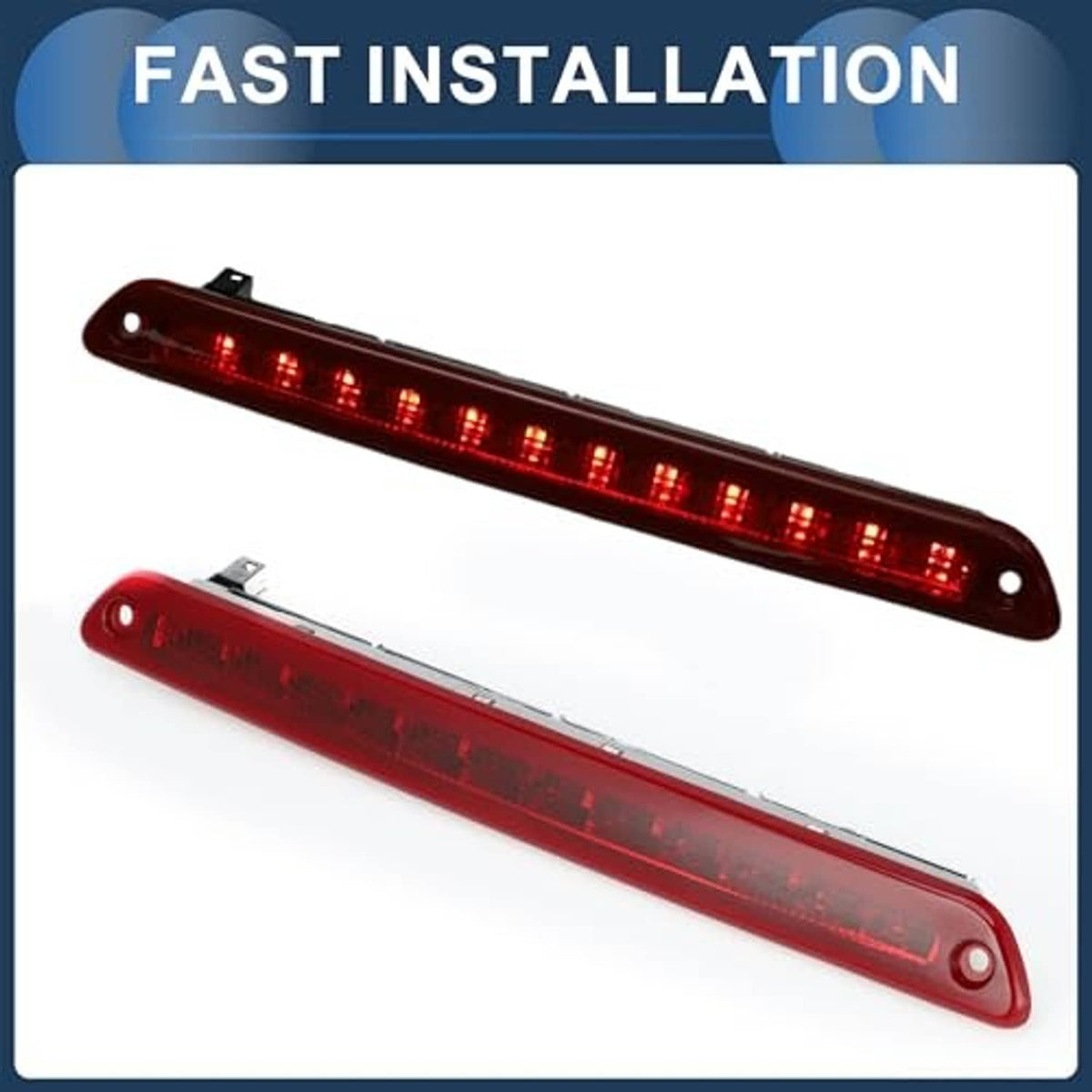 Red LED third brake light component set showing illuminated bar and outer lens housing