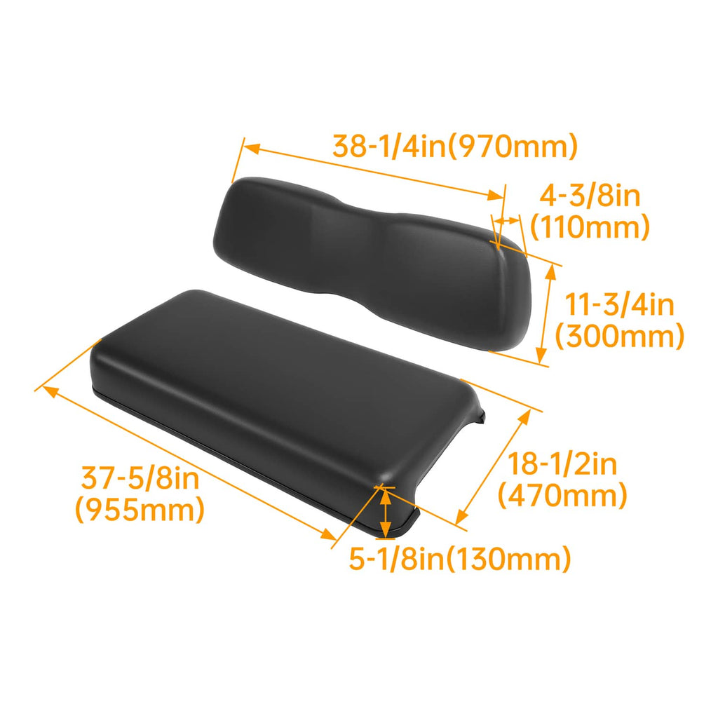 Black seat backrest and cushion with size measurements