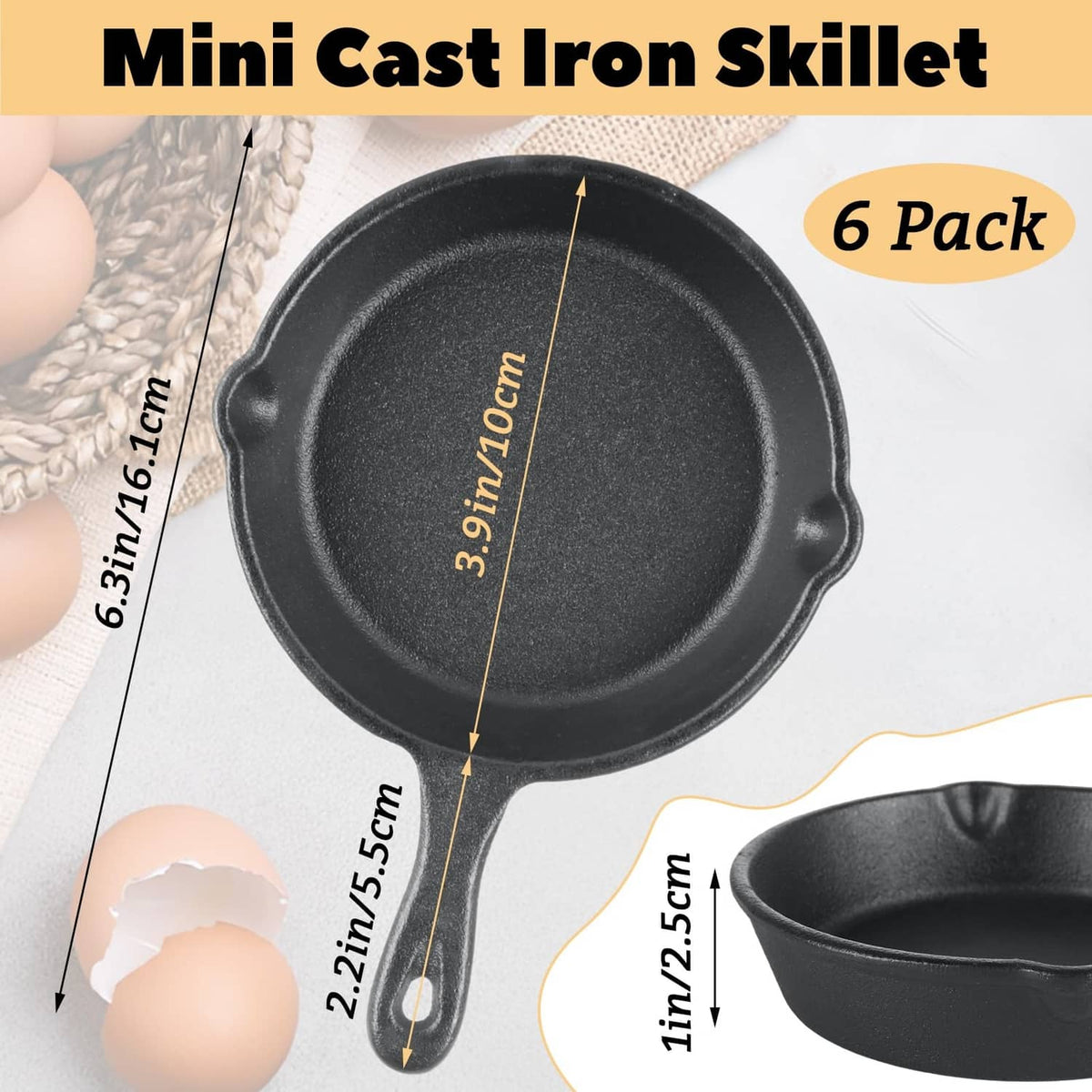 Round black mini cast iron skillet with short handle, single piece