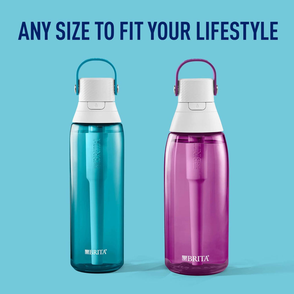 Set of filtering water bottles: teal and orchid purple with white flip tops
