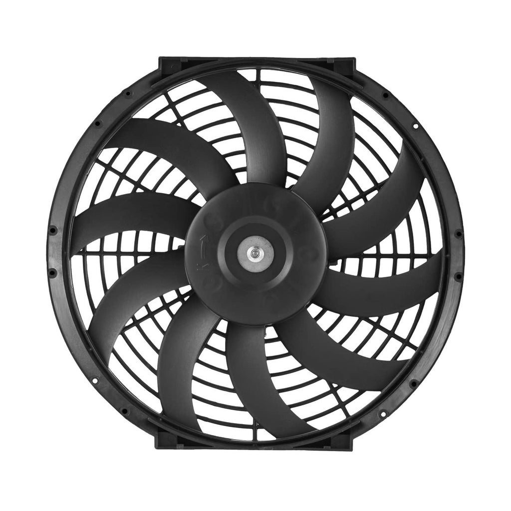 Black attic exhaust fan grille with multi-blade impeller and central motor assembly