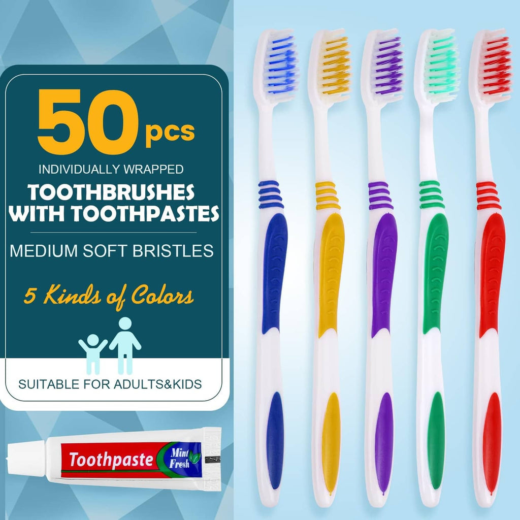 50-pack of disposable toothbrushes with medium soft bristles and colorful handles