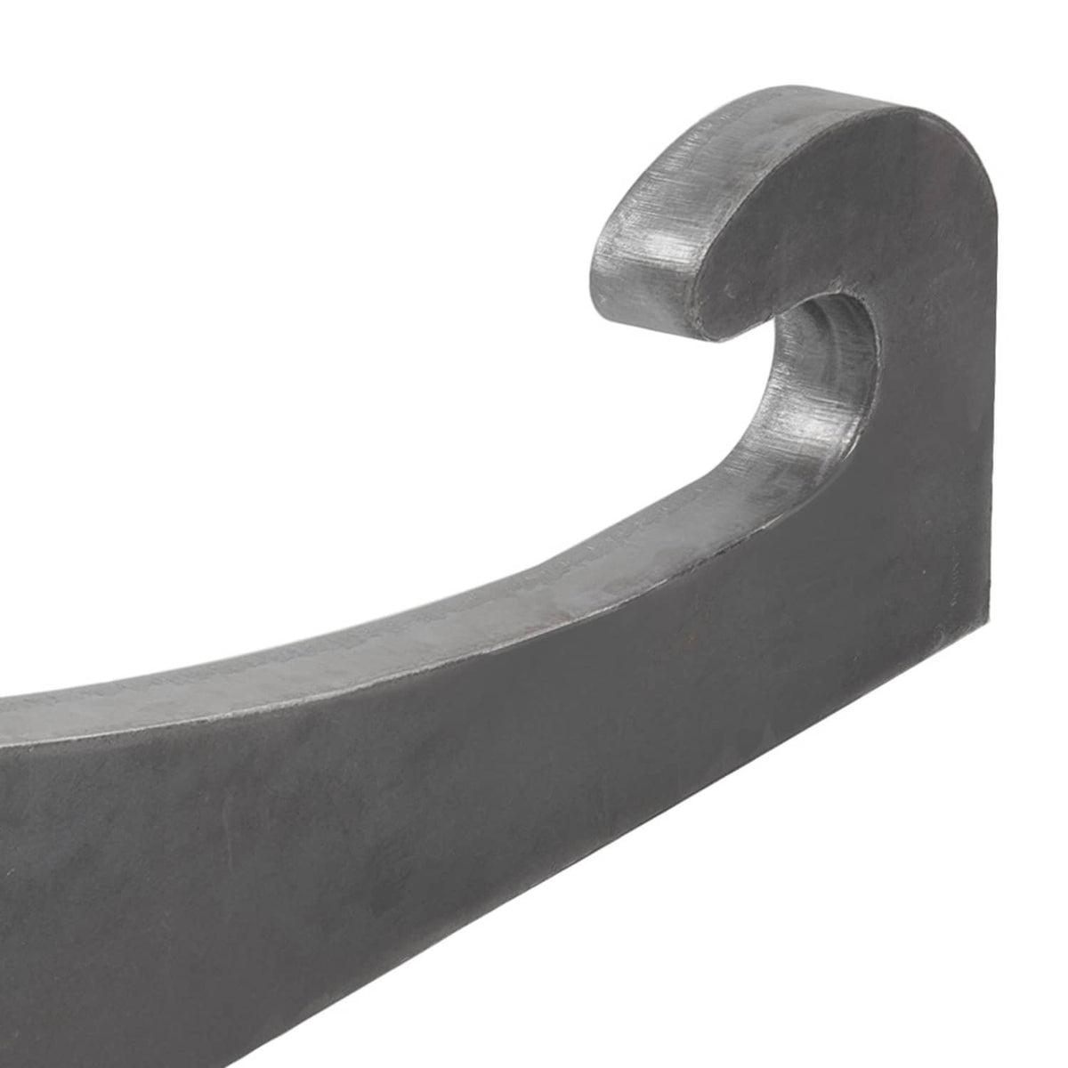 Close-up of metal quick-attach bracket curved latch end and rounded bolt tab