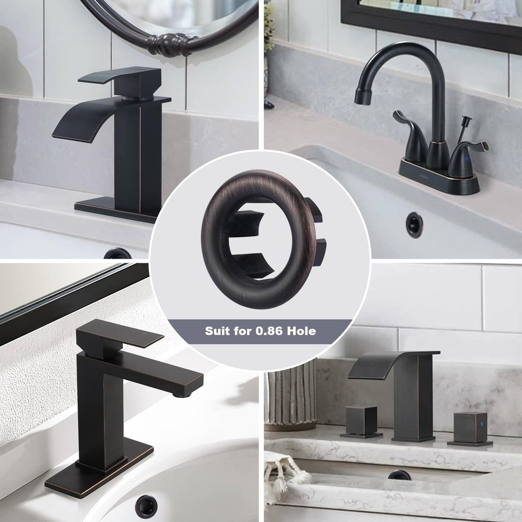 Oil rubbed bronze sink overflow ring, black-brown circular plug with center slots