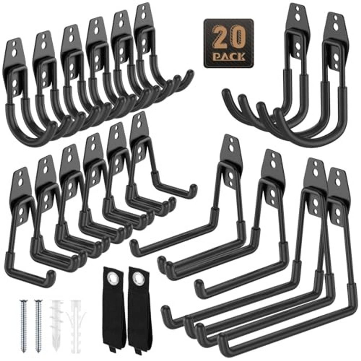 Black garage hooks set with curved hangers and mounting brackets, 20-pack layout