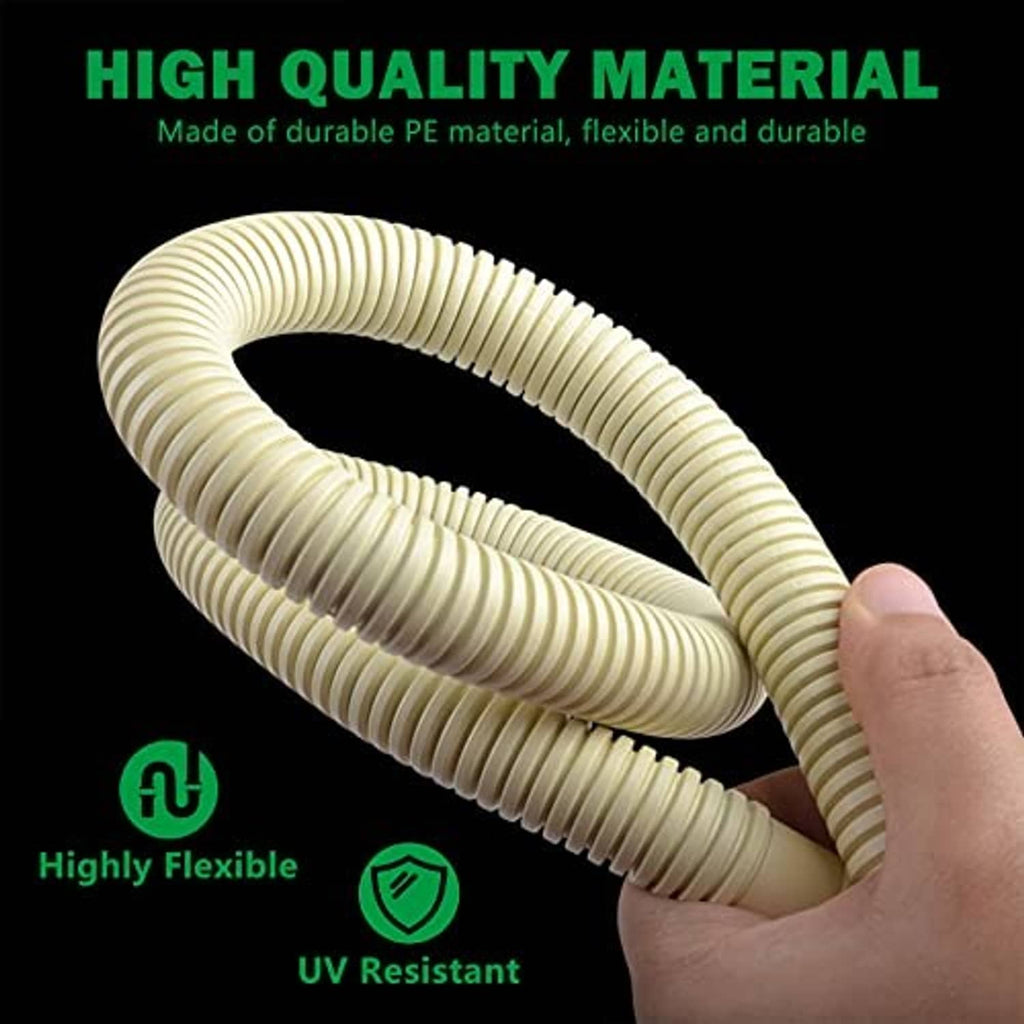 Flexible beige corrugated drain hose held in hand, dark interior ribs visible.