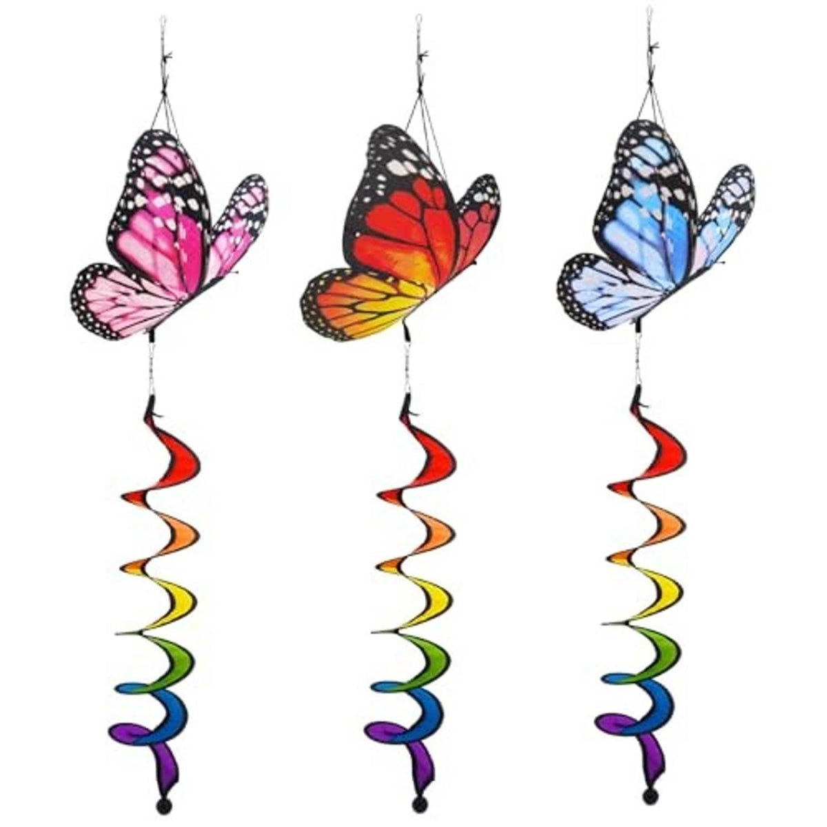 Three hanging butterfly wind spinners with multicolor spiral ribbon streamers