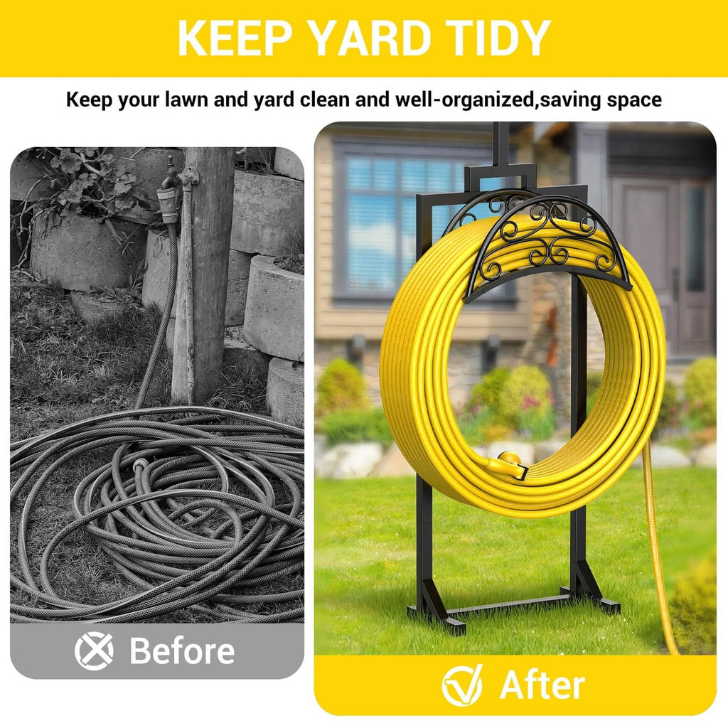 Black hose holder stand with curled yellow hose on front display