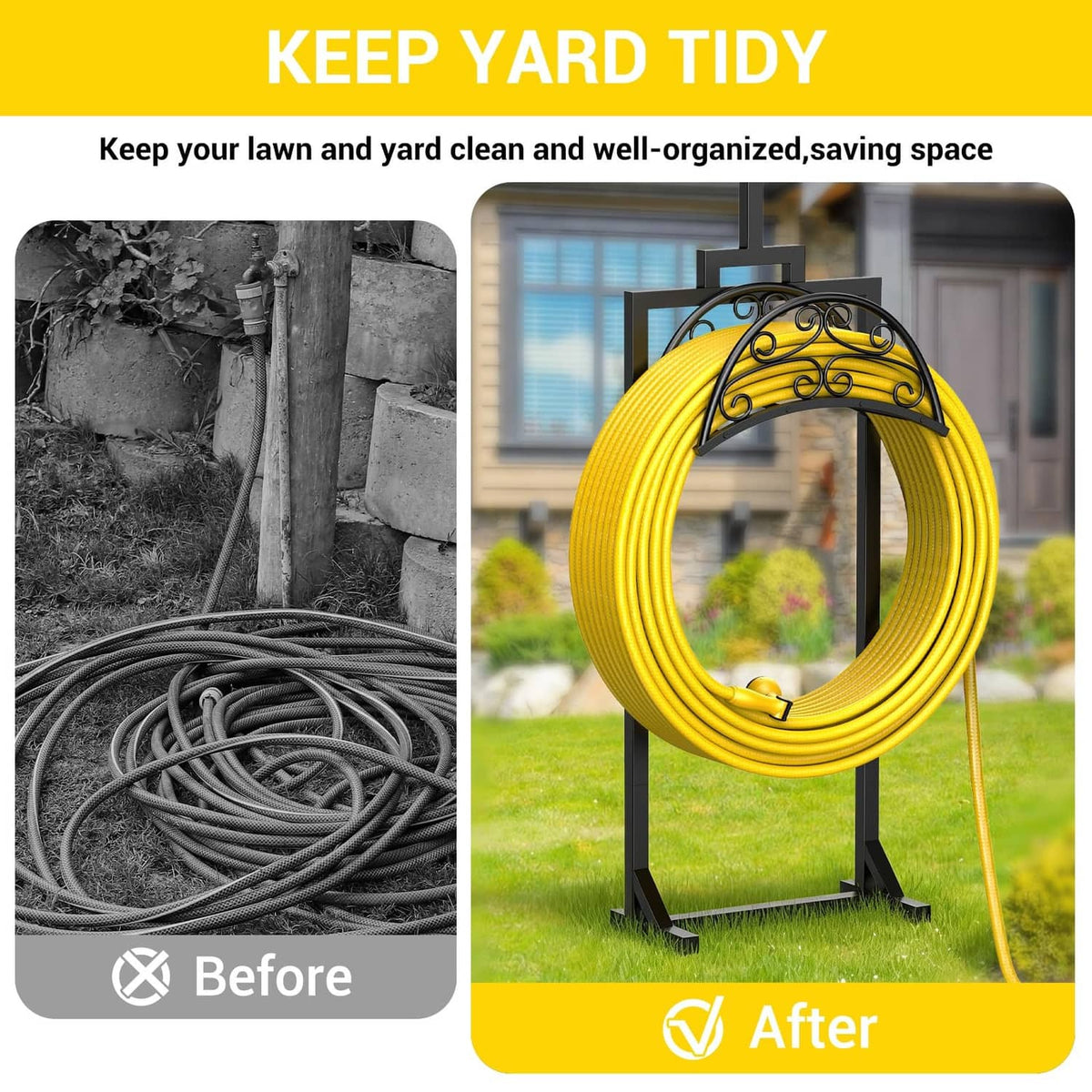 Black hose holder stand with curled yellow hose on front display