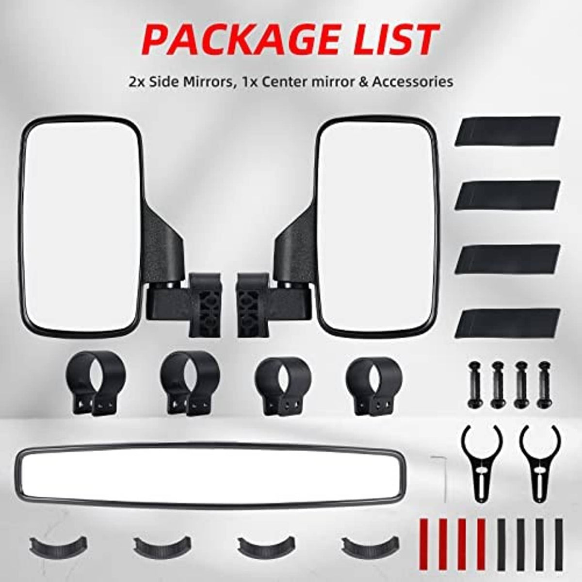 UTV side and center mirror kit with accessories, screws, and mounting clamps
