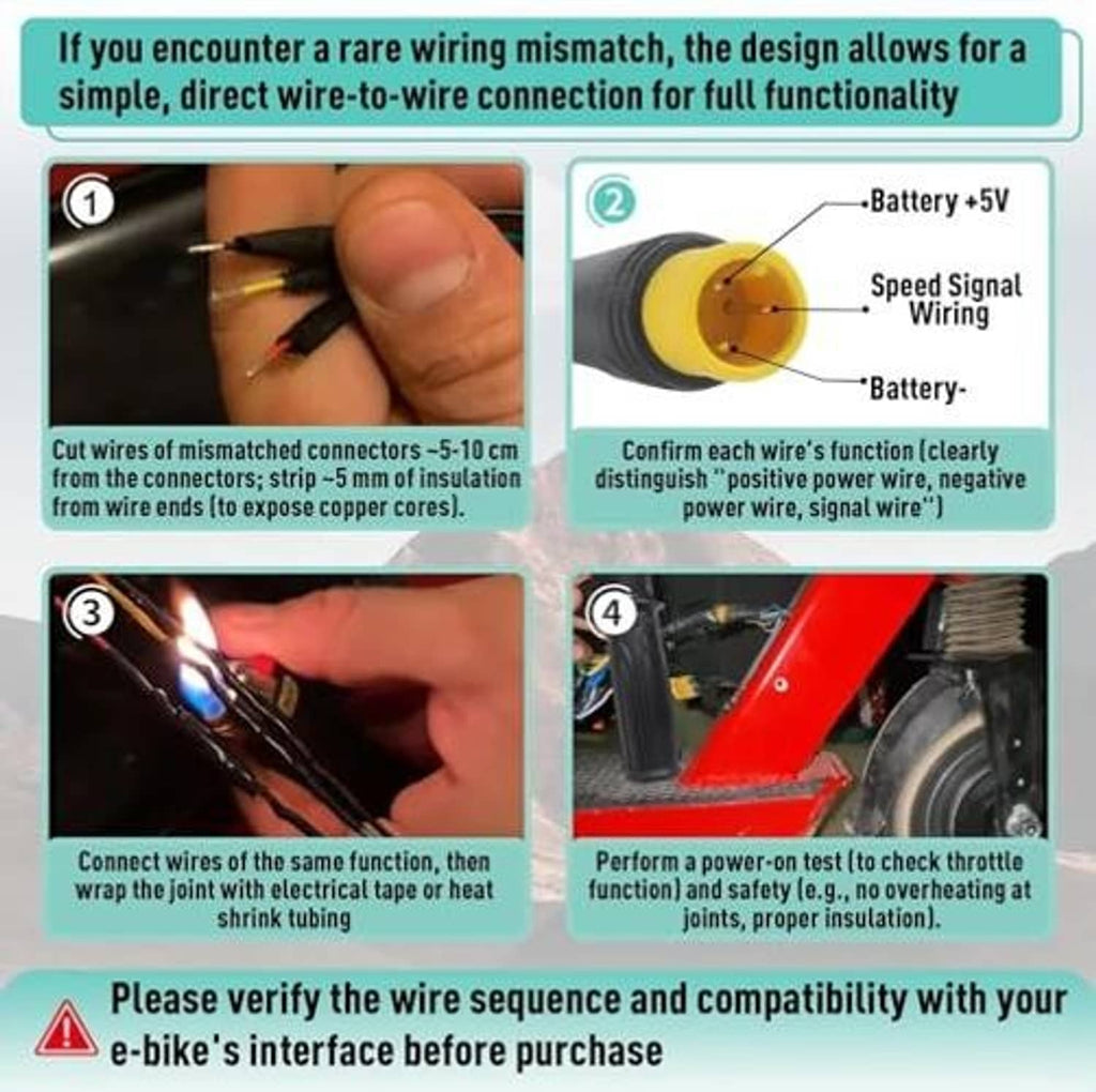 Throttle wiring connection set with stripped wire ends and heat-shrink tubing